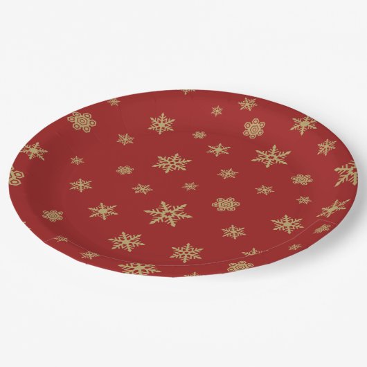 Schneeflocke-Entwurfs-Gold auf Rot Pappteller (Schrägansicht)