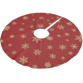 Schneeflocke-Entwurfs-Gold auf Rot Polyester Weihnachtsbaumdecke (Schrägansicht)