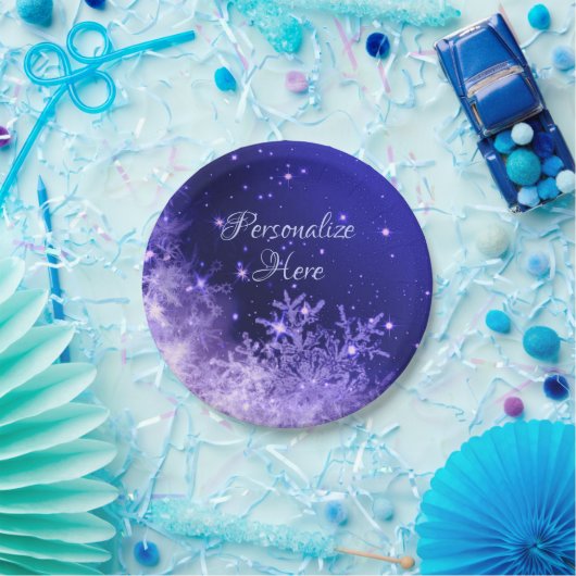 Schneeflocke lila glänzende Winterpapierplatte Pappteller (Party)