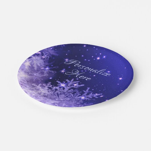 Schneeflocke lila glänzende Winterpapierplatte Pappteller (Schrägansicht)