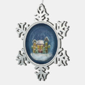 Schneeflocke mit Weihnachtsdorf Schneeflocken Zinn-Ornament (Rechts)