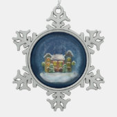 Schneeflocke mit Weihnachtsdorf Schneeflocken Zinn-Ornament (Vorderseite)