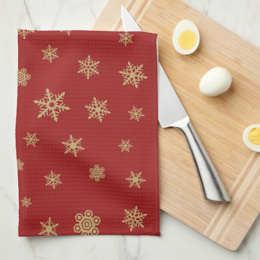 Schneeflocke-Muster-Gold auf Rot Geschirrtuch (Viertel Falte)
