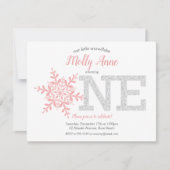 Schneeflocke Rosa Silberner Glitzer 1. Geburtstag Einladung (Vorderseite)