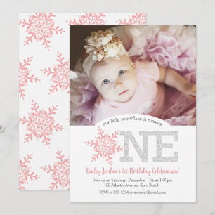 Schneeflocke Rosa Silberner Glitzer 1. Geburtstag  Einladung