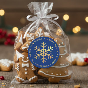 Schneeflocke Royalblau Elegante Faux-Gold-Weihnach Runder Aufkleber