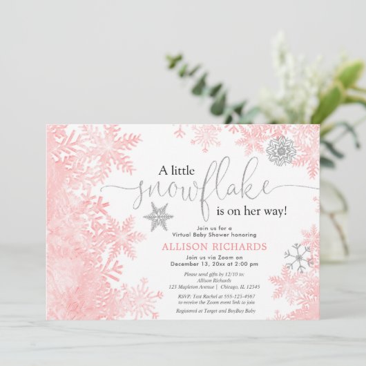 Schneeflocke Virtuelle Babydusche Mädchen rosa Sil Einladung (Stehend Vorderseite)