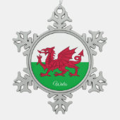 Schneeflocke Wales, Drache, walisische Flagge Schneeflocken Zinn-Ornament (Vorderseite)