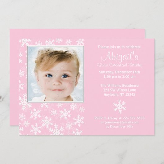 Schneeflocke-Winter Onederland rosa Einladung (Vorne/Hinten)