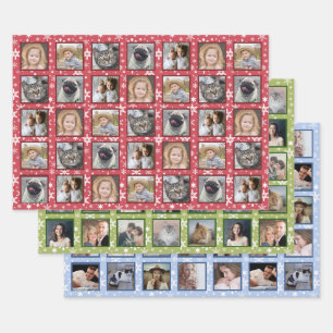 Schneeflocken 15 Custom Family Foto Collage 3 Farb Geschenkpapier Set