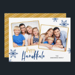 Schneeflocken 2 Fotos Happy Hanukkah Feiertagskarte<br><div class="desc">Diese Hanukkah Fotokarte bietet ein einfaches Design mit 2 Fotos und dem Gruß "Happy Hanukkah" in dunkelblau und goldfarben. Der Hintergrund ist mit dunkelblauen Schneeflocken beleuchtet.</div>