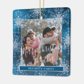 Schneeflocken 2 Fotos personalisiert blau Keramikornament (Links)