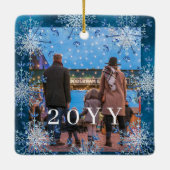 Schneeflocken 2 Fotos personalisiert blau Keramikornament (Rückseite)