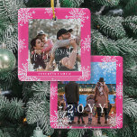 Schneeflocken 2 Fotos, personalisiert rosa Keramikornament<br><div class="desc">Rustikale,  elegante Winterschneeflocken-Schmuckschablone in kariertem Rosa und Weiß,  mit glitzernden Schneeflocken.                       Einfach mit Ihren 2 Fotos,  Textskripten,  Familiennamen und Jahr personalisieren!</div>