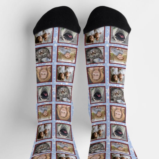 Schneeflocken 5 Custom Family Foto Collage Blue Ea Socken (Oben)