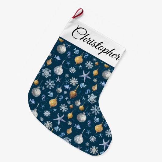 Schneeflocken an der Küste und nautische Elemente Großer Weihnachtsstrumpf (Vorderansicht (hängend))