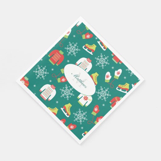 Schneeflocken Aquamarin Monogram Muster Weihnachts Serviette (Ecke)