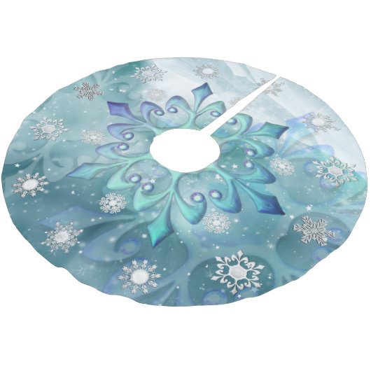 Schneeflocken Aquamariner Blauer Baumrock Polyester Weihnachtsbaumdecke (Schrägansicht)