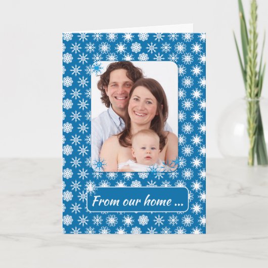 Schneeflocken auf Blau, Foto Urlaub von unserer Zu Karte (Vorderseite)