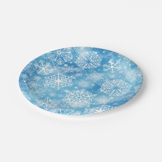 Schneeflocken auf blau pappteller (Schrägansicht)