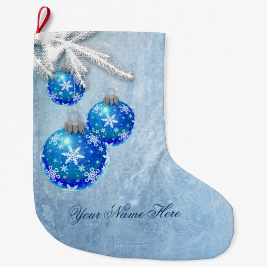 Schneeflocken auf Blau verziert Frost Großer Weihnachtsstrumpf (Vorderseite)