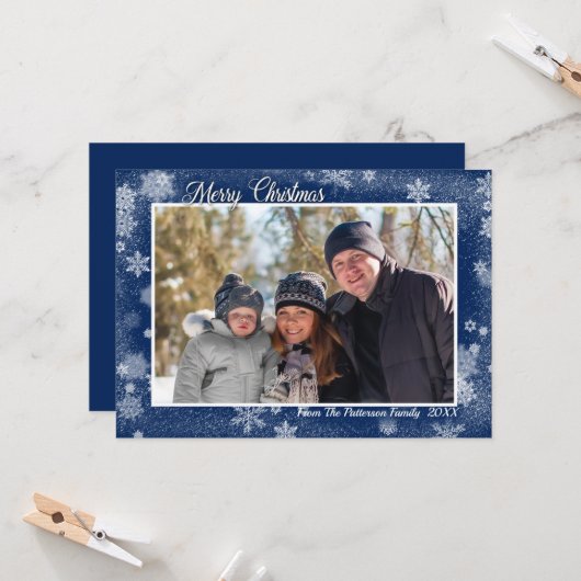 Schneeflocken auf Blue Frohe Weihnachten Foto Karte (Vorderseite/Rückseite Beispiel)