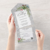 Schneeflocken auf Grau mit QR-Code für Kiefernzwei All In One Einladung (Abreißen)