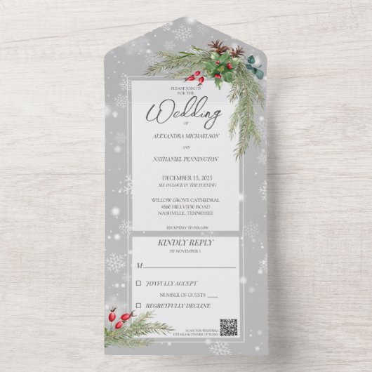 Schneeflocken auf Grau mit QR-Code für Kiefernzwei All In One Einladung (Innen Boden)