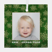 Schneeflocken auf grünem Foto Ornament Aus Glas (Rückseite)