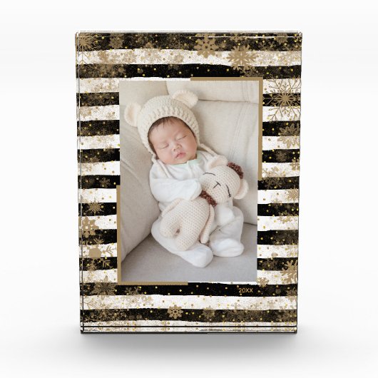 Schneeflocken auf Schwarz-weißen Streifen Fotoblock (Vorderseite)