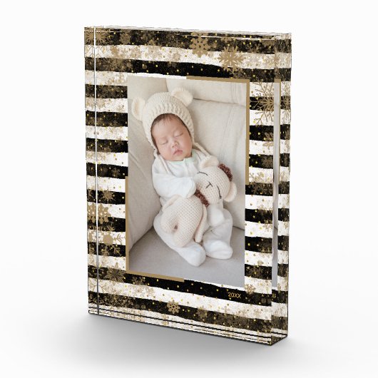 Schneeflocken auf Schwarz-weißen Streifen Fotoblock (Rechts)