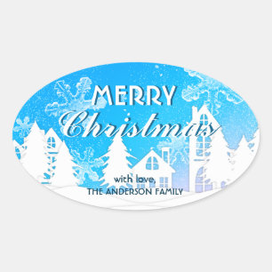 Schneeflocken aus dem blauen Weißen Haus Weihnacht Ovaler Aufkleber