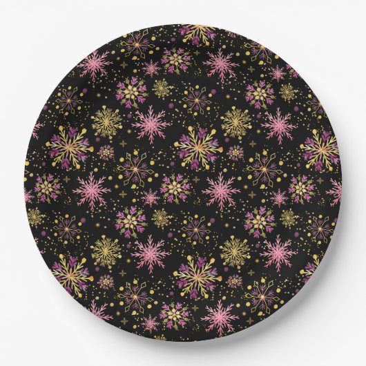 Schneeflocken aus Gold und Schwarz Pappteller (Vorderseite)