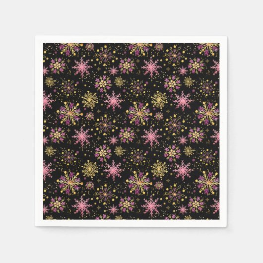 Schneeflocken aus Gold und Schwarz Serviette (Vorderseite)
