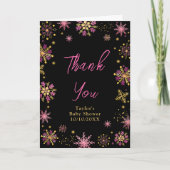 Schneeflocken-Babydusche aus Gold und Rosa Dankeskarte (Vorderseite)