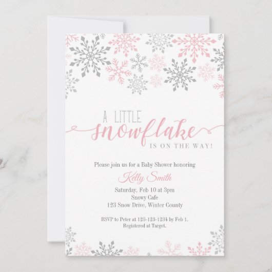 Schneeflocken Babydusche, Baby Girl, Pink Winter Einladung (Vorderseite)