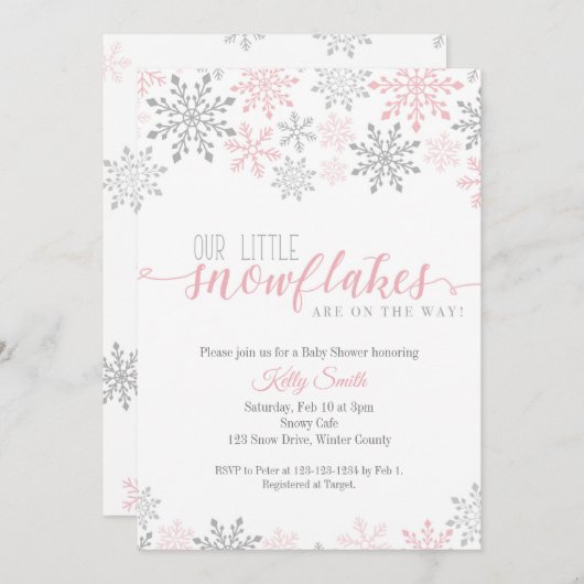 Schneeflocken Babydusche, Zwillingsmädchen, Winter Einladung (Vorne/Hinten)