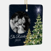 Schneeflocken & Bäume Wintergarten Elegantes Navy  Keramikornament (Rechts)