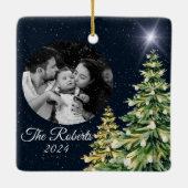 Schneeflocken & Bäume Wintergarten Elegantes Navy  Keramikornament (Rückseite)