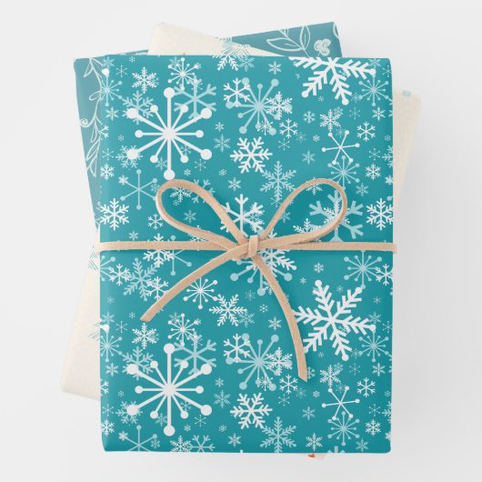 Schneeflocken, Blätter, Knospen, Bäume, aquamarin, Geschenkpapier Set (Beispiel)