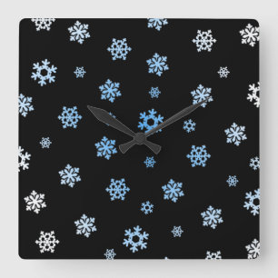 Schneeflocken (blau & weiß) quadratische wanduhr