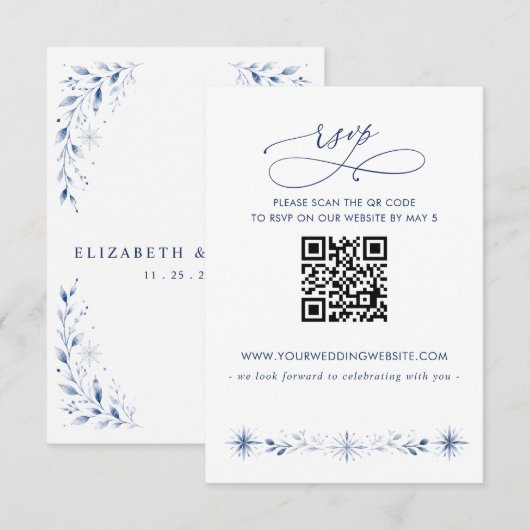 Schneeflocken Blaue Winterhochzeit QR CODE RSVP Karte (Vorne/Hinten)