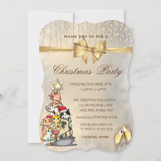 Schneeflocken, Bow, Pine Tree Katzen Weihnachtsfes Einladung (Vorderseite)
