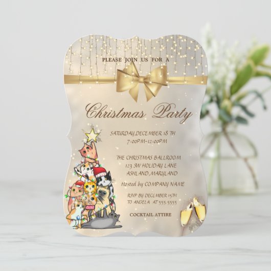 Schneeflocken, Bow, Pine Tree Katzen Weihnachtsfes Einladung (Stehend Vorderseite)