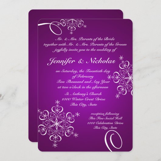 Schneeflocken der Liebe Winterhochzeit Lila Einladung (Vorne/Hinten)