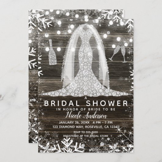 Schneeflocken Diamond Wedding Dress Brautparty Einladung (Vorne/Hinten)