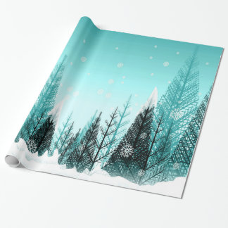 Schneeflocken, die in Aqua-Winter-Wald fallen Geschenkpapier