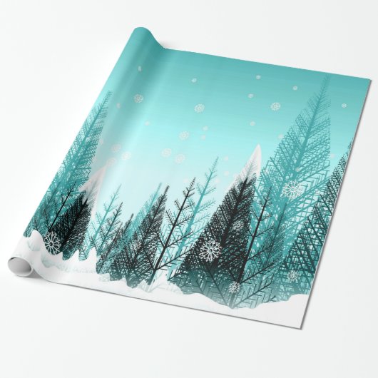 Schneeflocken, die in Aqua-Winter-Wald fallen Geschenkpapier (Ungerollt)