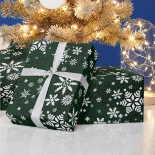 Schneeflocken - dunkle grüne Jute-Textur Geschenkpapier