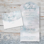 Schneeflocken Elegante Script Winter Wedding All In One Einladung<br><div class="desc">Alles in einer Winterhochzeit mit Schneeflocken im Winterfrosthintergrund. Die Einladung enthält eine perforierte RSVP-Karte,  die für Sie individuell adressiert oder links als leere Adresse für die Handschrift der Adressdaten Ihres Gastes verwendet werden kann. Entwickelt von Thisisnotme©</div>